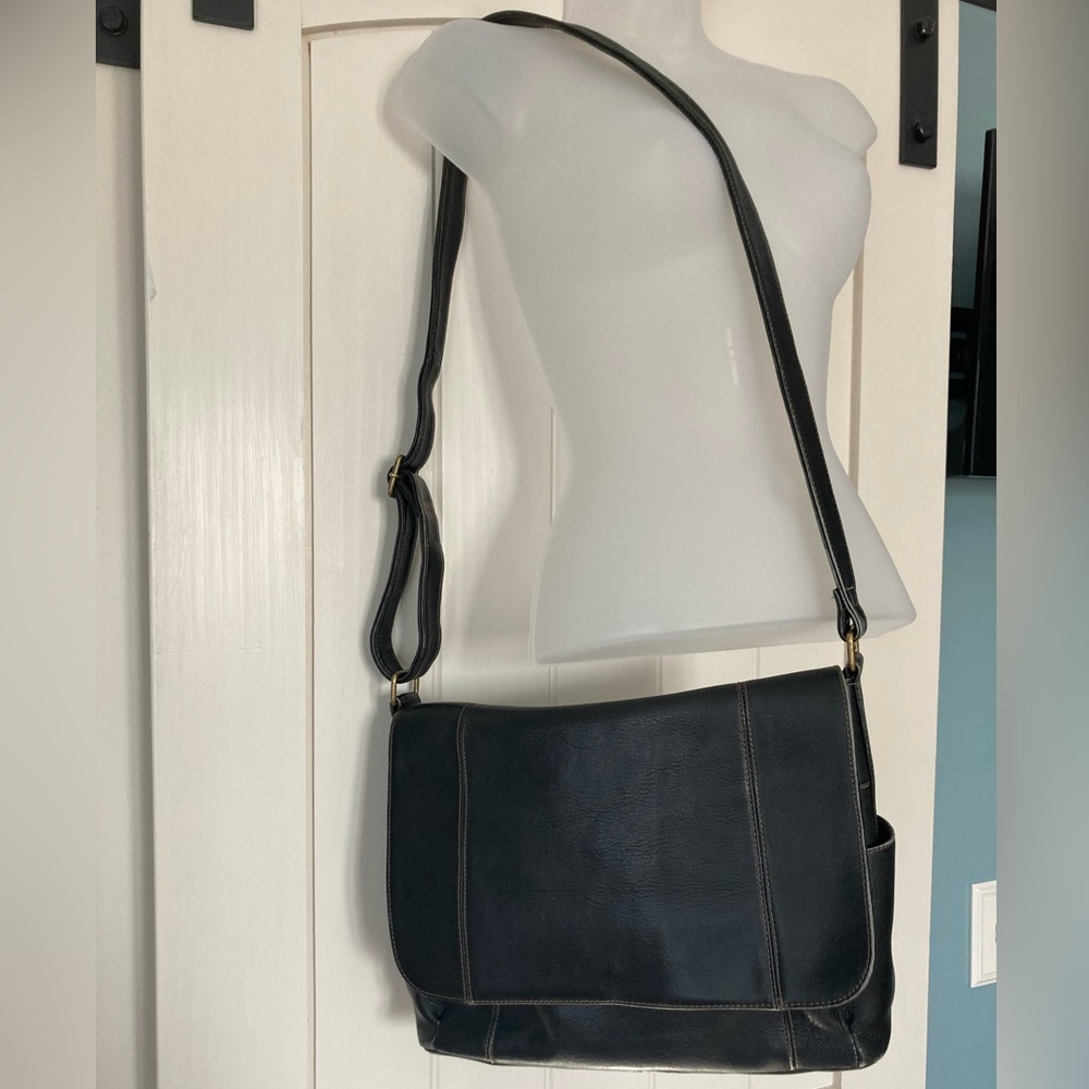 Le Donne black leather full flap over shoulder bag